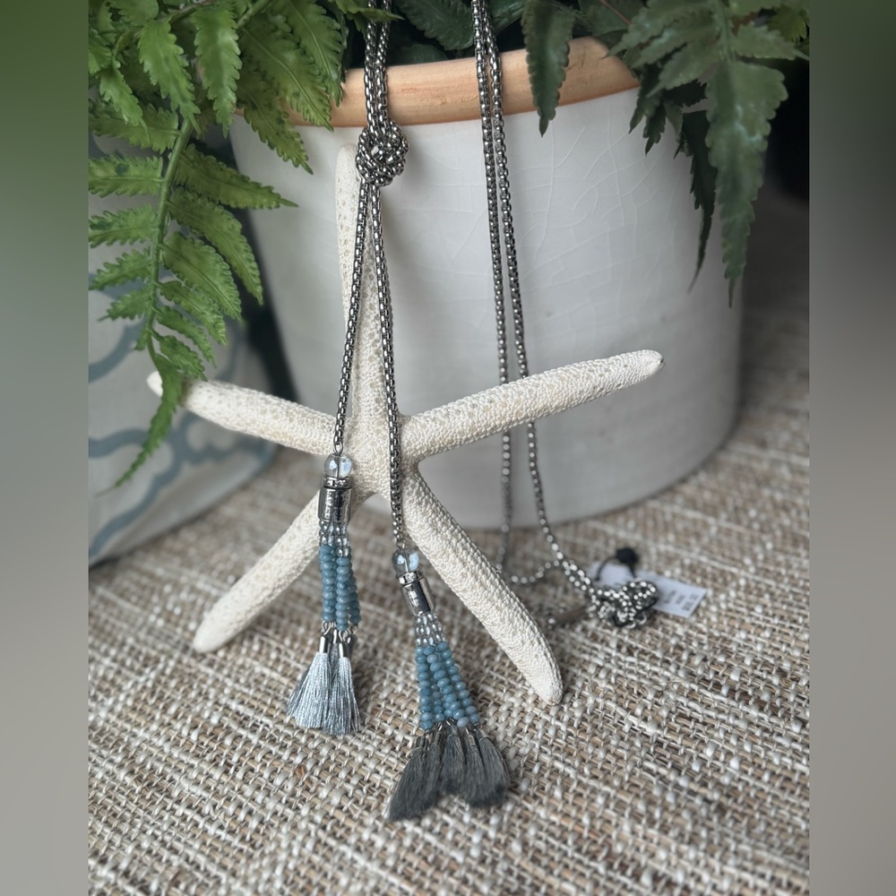 White House Black Market WHBM Silver and Blue Beaded Long Tassel Necklace NWT